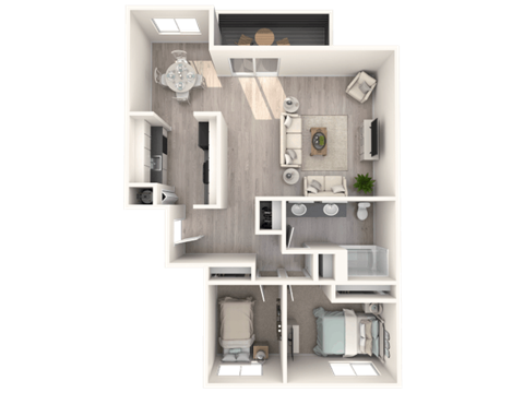 Floor plan for 2 beds, 1 bath, 757 sqft
